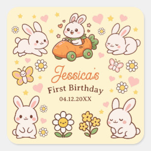 Schattige Pasen Konijnen Whimsical 1e Verjaardagsf Vierkante Sticker