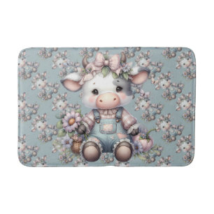 Schattige Pastel Baby Koe in Overall met Bloemen Badmat