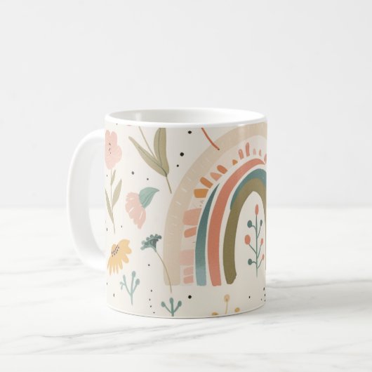 Schattige Pastel Blush Blauwgroen Boho Flowers en Koffiemok (Voorkant links)