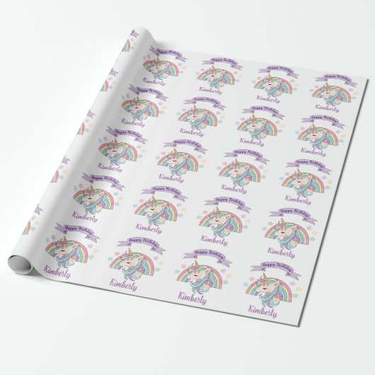 Schattige Pastel Eenhoorn en Sparkly Rainbow Cadeaupapier (Uitgerold)