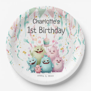 Schattige Pastel Kleine Monsters Meisje 1e Verjaar Papieren Bordje