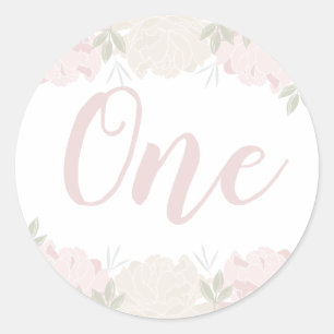 Schattige Pastel Pink Floral Baby's 1e Verjaardag Ronde Sticker