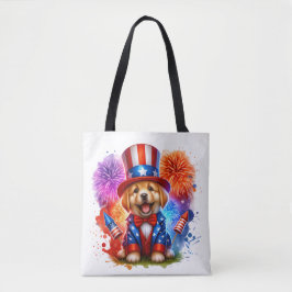 Schattige Patriottisch Uncle Sam Puppy Vuurwerk Draagtas