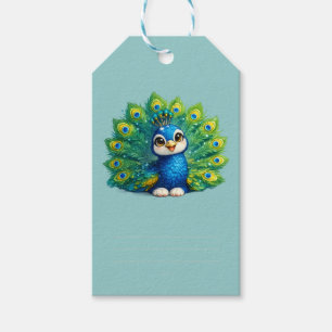 Schattige Pauw met Grote Ogen Kawaii Vogelontwerp Cadeaulabel