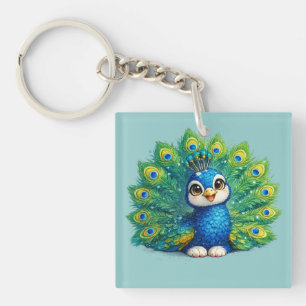 Schattige Pauw met Grote Ogen Kawaii Vogelontwerp Sleutelhanger