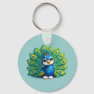 Schattige Pauw met Grote Ogen Kawaii Vogelontwerp Sleutelhanger