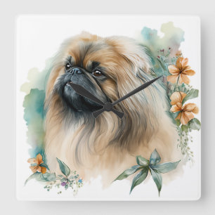 SCHATTIGE PEKINGESE HOND MET WILDE BLOEMEN VIERKANTE KLOK