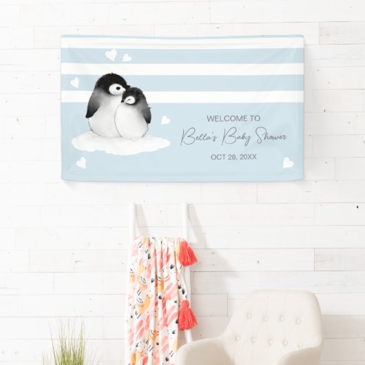 Schattige Penguin Blauw Grijs Baby shower Spandoek (Insitu)