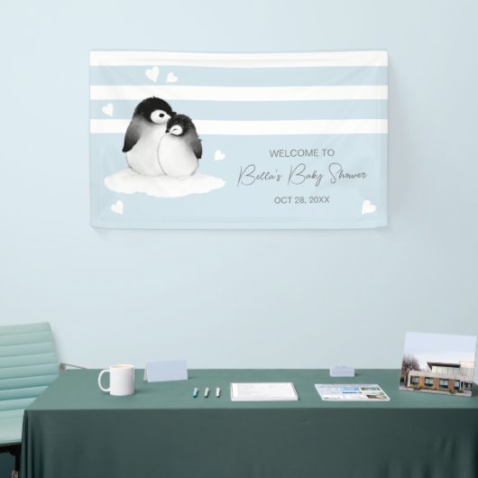 Schattige Penguin Blauw Grijs Baby shower Spandoek (Beurs)