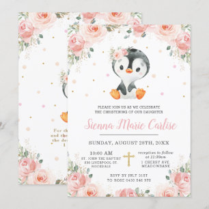 Schattige Penguin Blush Floral Girl Christening Kaart