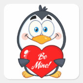 Schattige Penguin Holding Be Mine Heart Vierkante Sticker (Voorkant)
