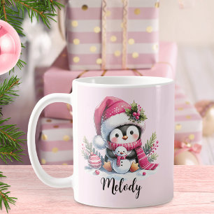 Schattige Penguin Script Naam Pink Christmas Koffiemok