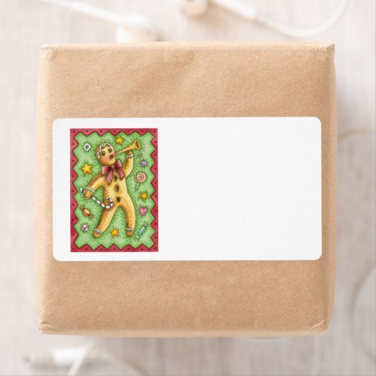 Schattige peperkoek man blaast op hoorn, Kerst sno Etiket (Insitu)