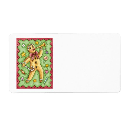 Schattige peperkoek man blaast op hoorn, Kerst sno Etiket (Voorkant)