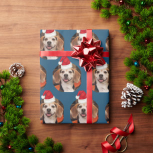 Schattige Pet Photo Santa Hats Christmas Blue Cadeaupapier