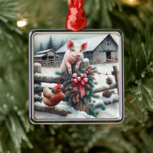 Schattige Pig and Chicken Christmas Boerderij Metalen Ornament