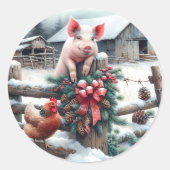 Schattige Pig and Chicken Christmas Boerderij Ronde Sticker (Voorkant)