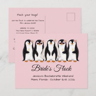 Schattige Pinguïn Bruid's Troep Roze Bachelorette Uitnodiging Briefkaart