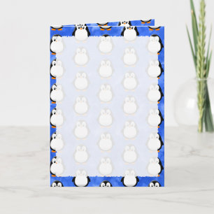 Schattige Pinguïn Cartoon Blauwe Aquarel Kaart