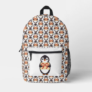 Schattige pinguïn die een bord vasthoudt met het n bedrukte rugzak