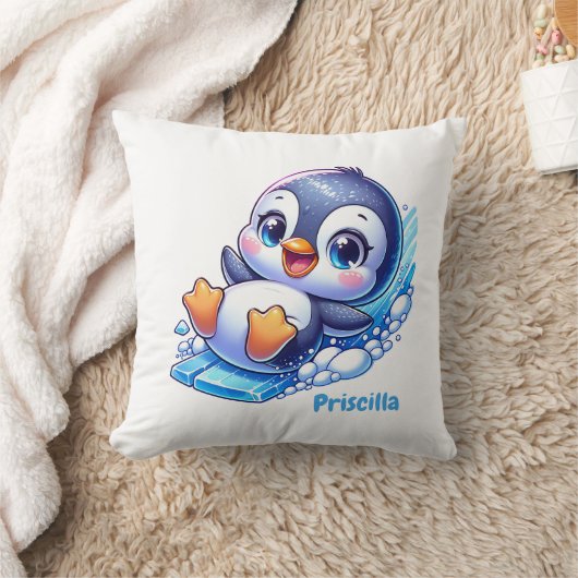 Schattige Pinguïn die op Ijsdouane glijden Kussen (Deken)