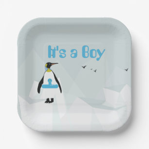 Schattige Pinguïn "Het is een Jongen" baby shower Papieren Bordje
