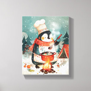 Schattige Pinguïn Kookt Waterverf Winterkinderkame Canvas Afdruk