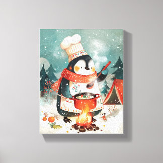 Schattige Pinguïn Kookt Waterverf Winterkinderkame Canvas Afdruk