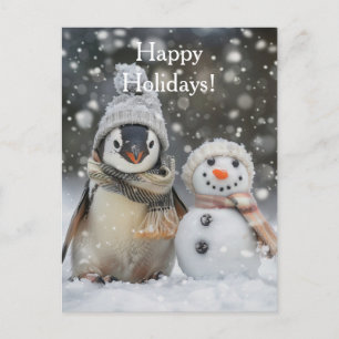 Schattige pinguïn met een sneeuwman winterthema briefkaart