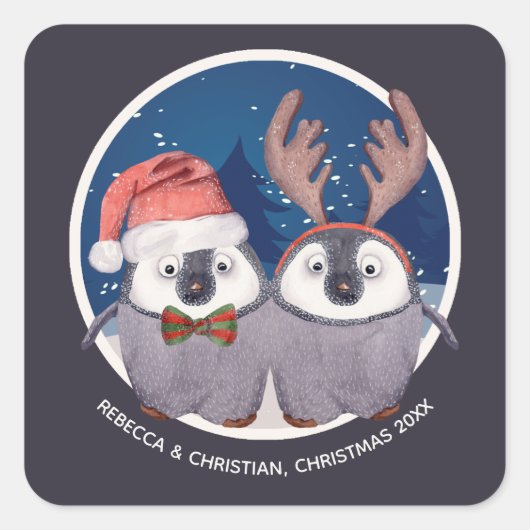 Schattige pinguïn met kerstmis vierkante sticker (Voorkant)
