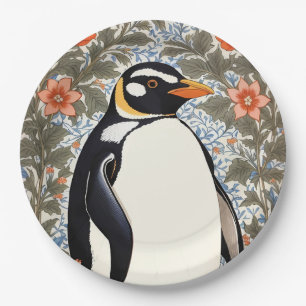 Schattige Pinguïn Op Kleurrijke Elegante Bloemige Papieren Bordje