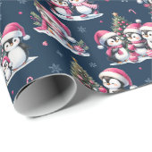 Schattige Pinguïn Patroon Navy Blauw en Roze Kerst Cadeaupapier (Rol Hoek)