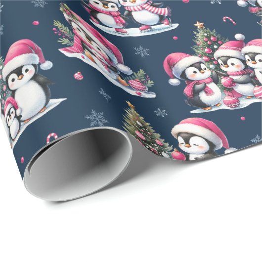 Schattige Pinguïn Patroon Navy Blauw en Roze Kerst Cadeaupapier (Rol Hoek)