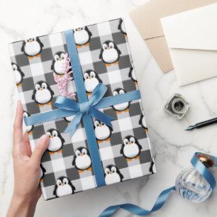 Schattige Pinguïn Plaid Pattern In Zwart Wit En Gr Cadeaupapier