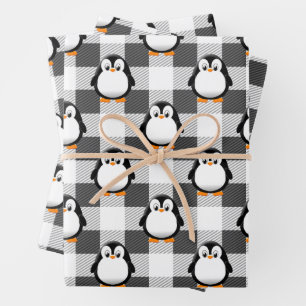 Schattige Pinguïn Plaid Pattern In Zwart Wit En Gr Inpakpapier Vel