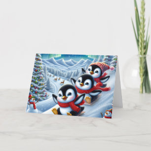 Schattige Pinguïns glijden van heuvel af Kerstmis Feestdagen Kaart