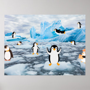 schattige pinguïns op Antarctica-ijs Poster