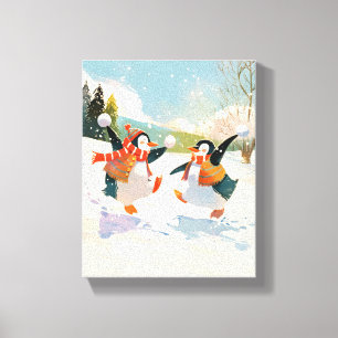 Schattige Pinguïns Spelen in Sneeuw Waterverf Nurs Canvas Afdruk