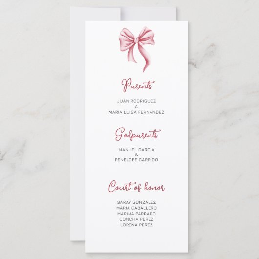 Schattige Pink Bow Quinceañera Celebration Program (Achterkant)