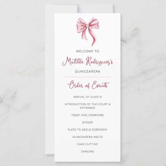 Schattige Pink Bow Quinceañera Celebration Program (Voorkant)