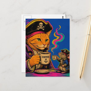 Schattige Piramidekat en Muis Met Koffie Briefkaart