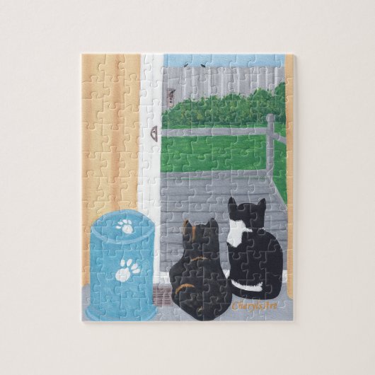 Schattige plezier Twee katten Vogel kijken Puzzel Legpuzzel (Verticaal)