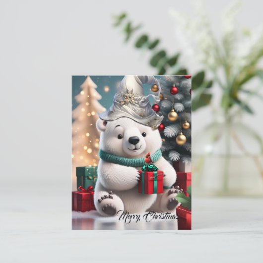 Schattige pluizig kerst polar beer met cadeau. feestdagenkaart (Staand voorkant)