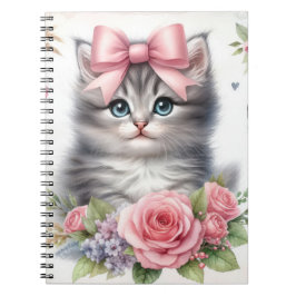SCHATTIGE PLUIZIG KITTEN MET BOGEN EN BLOEMEN NOTITIEBOEK