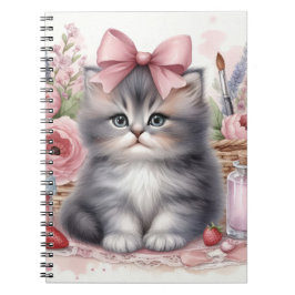 SCHATTIGE PLUIZIG KITTEN MET BOGEN EN BLOEMEN NOTITIEBOEK