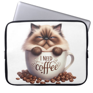 SCHATTIGE PLUIZIG PERZISCH KITTEN IN KOFFIEBEKER LAPTOP SLEEVE