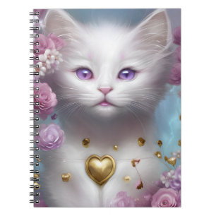SCHATTIGE PLUIZIG WIT KITTEN MET ROZE BLOEMEN NOTITIEBOEK