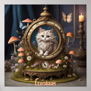 Schattige pluizige kat in klok, paddenstoelen, bew poster
