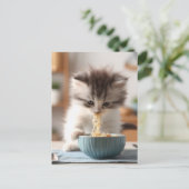 Schattige pluizige kitten eten ramen noedels briefkaart (Staand voorkant)