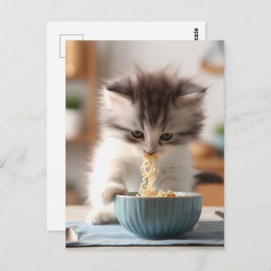 Schattige pluizige kitten eten ramen noedels briefkaart (Voorkant / Achterkant)